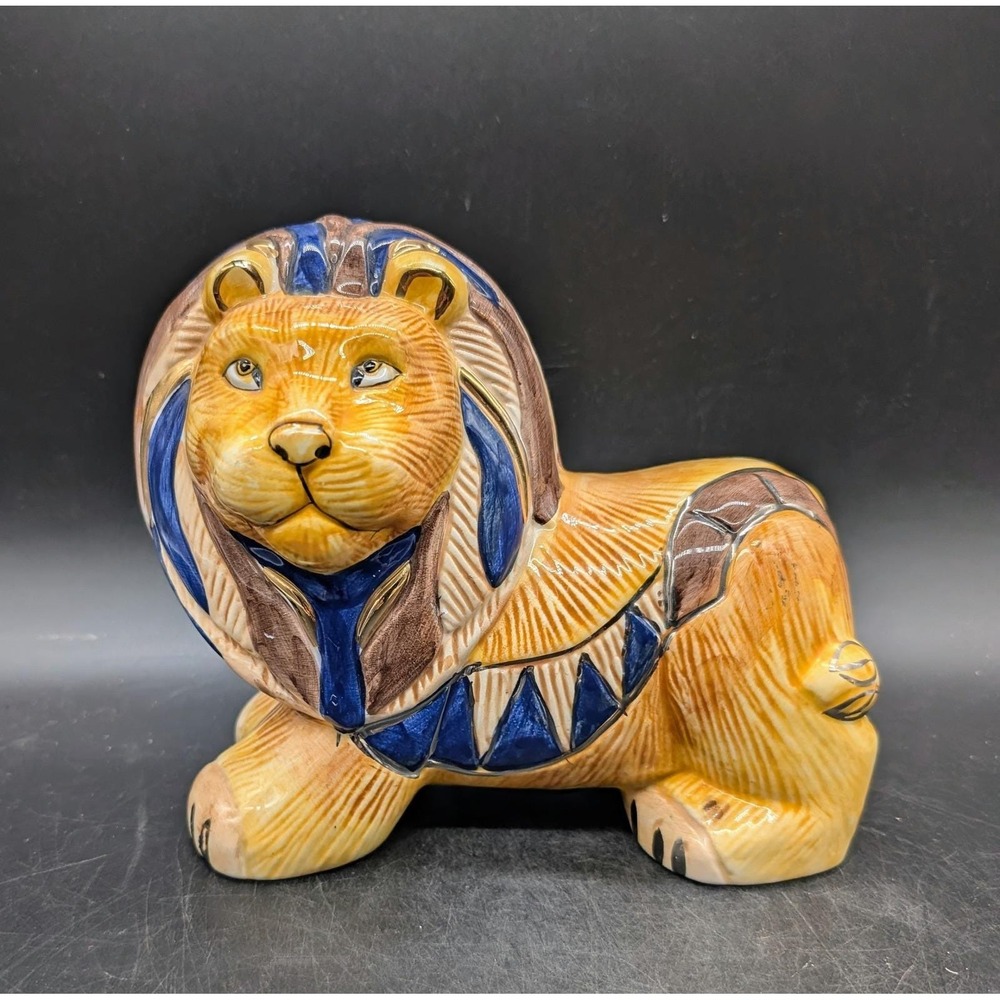 Egyptian Lion Ceramic Coin Bank Pharaoh Headdress Blue Gold Glazed Piggy Bank 8"